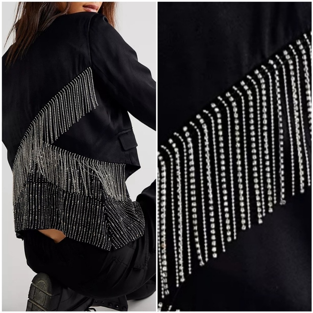 nwt FREE PEOPLE Satin Crop Blazer Jacket with Rhinestone Tassel Fringe Trim